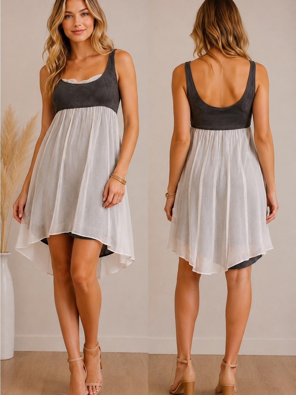 To The‎ Max Gray Suede/Leather and Silk Sleeveless High-Low Dress Size 6/Small